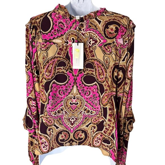 NWT a loves a  Medium Pink Paisley Tie-Neck Blouse Ruffle French Preppy Boho - Picture 3 of 11